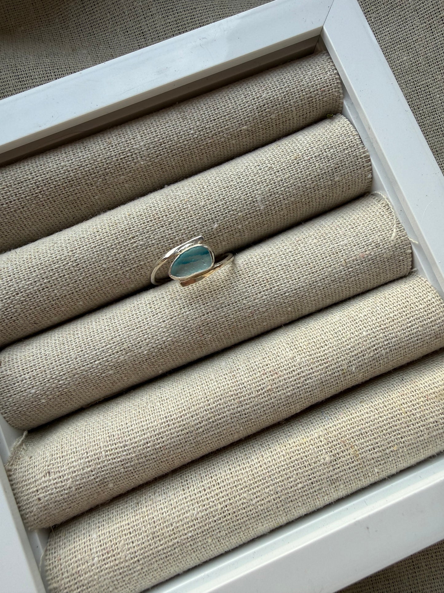 Double Light Blue Seaglass Ring Size R