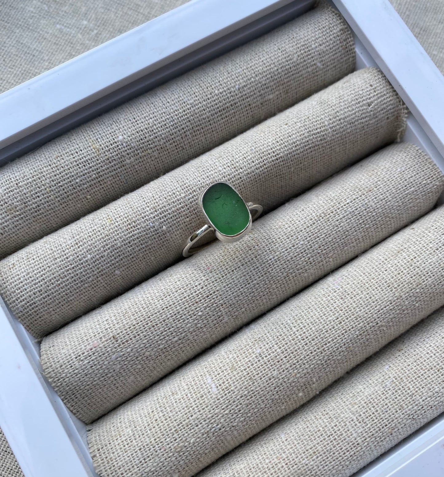 Green Oval Seaglass Ring Size S