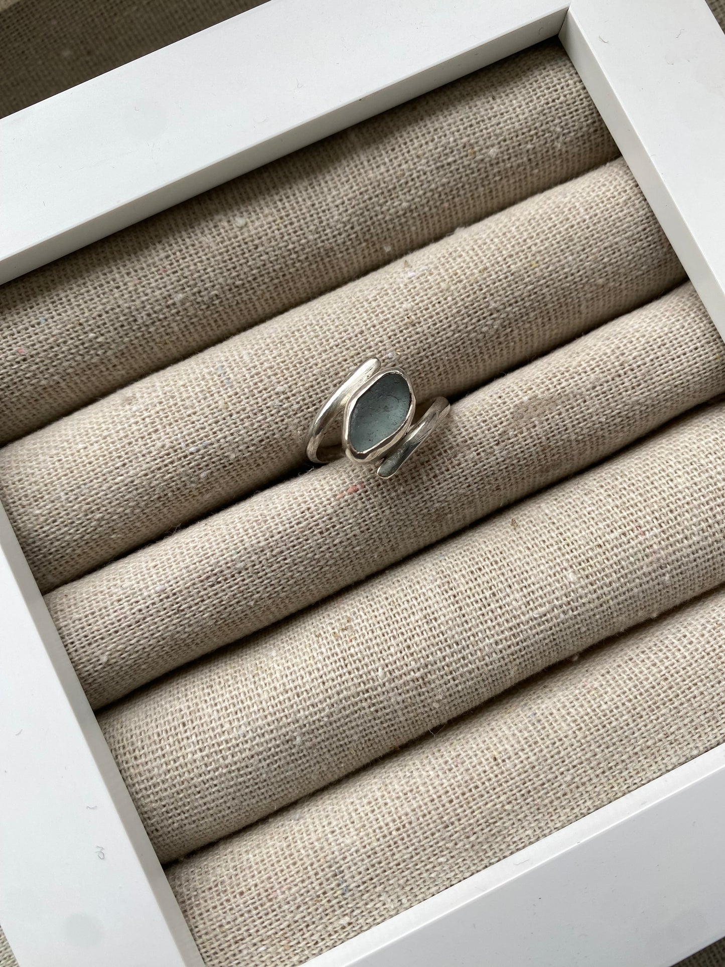 Double Light Blue Seaglass Ring Size N