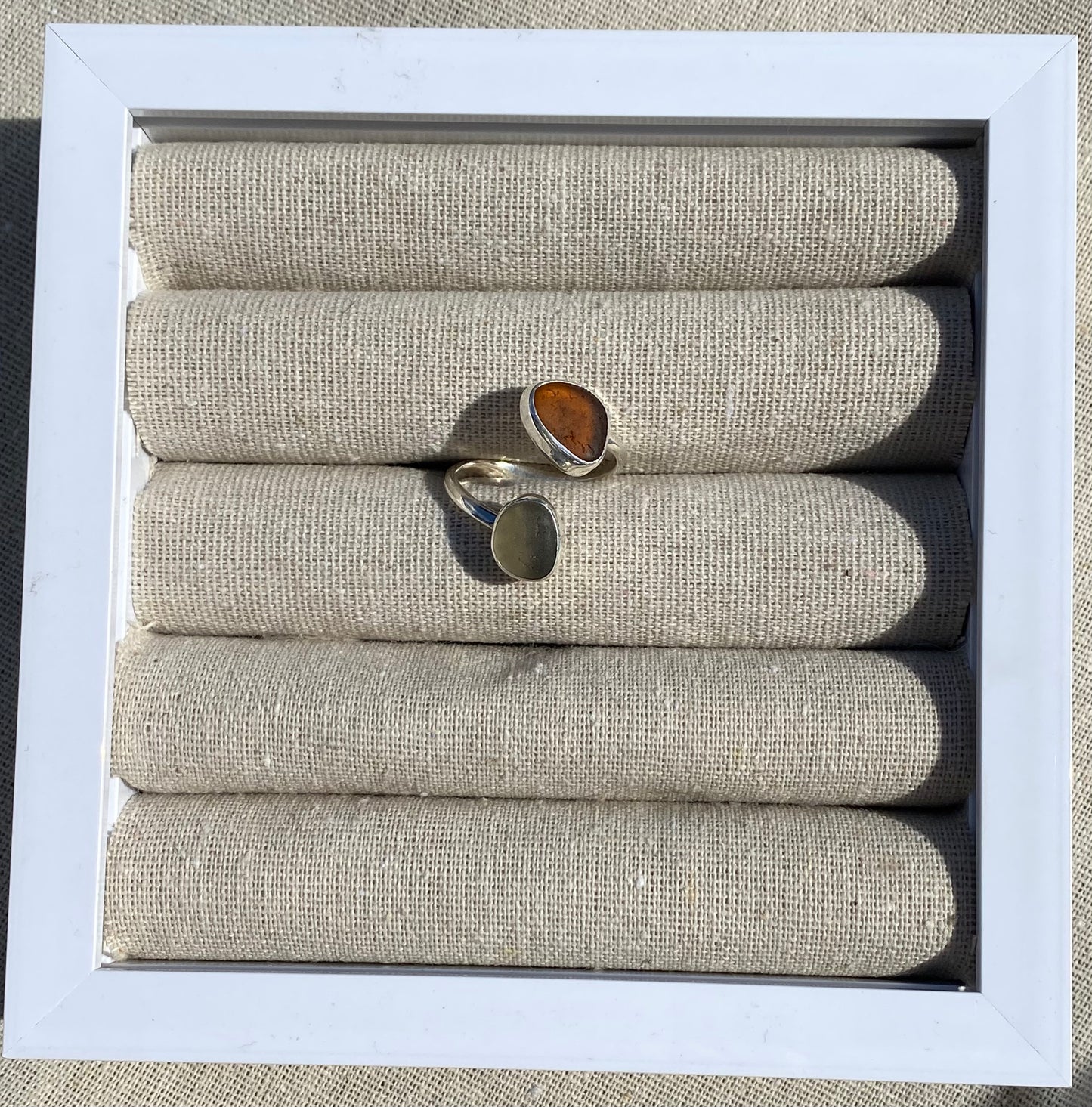 Brown and Light Blue Adjustable Seaglass Ring Size K-Q