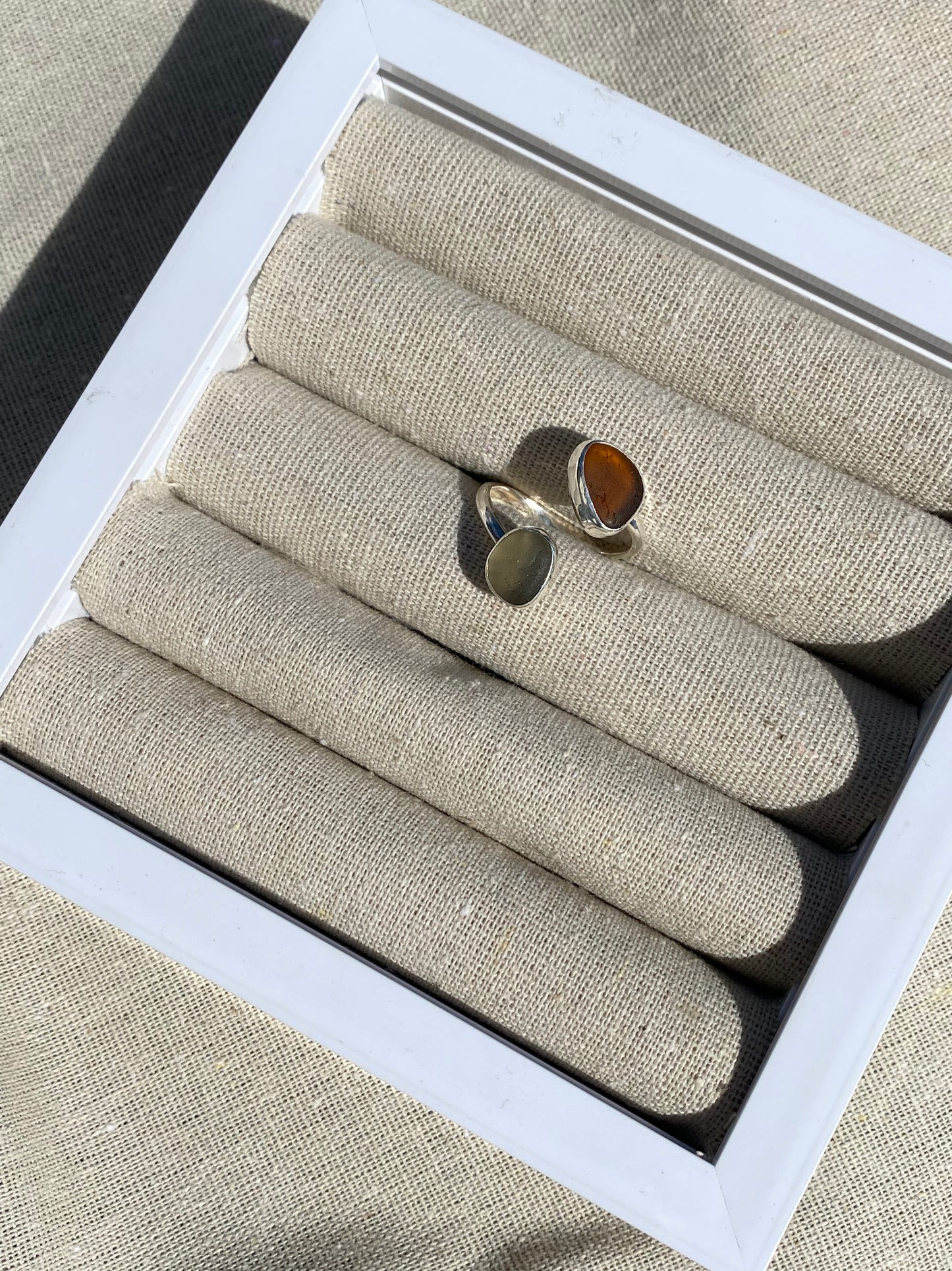 Brown and Light Blue Adjustable Seaglass Ring Size K-Q